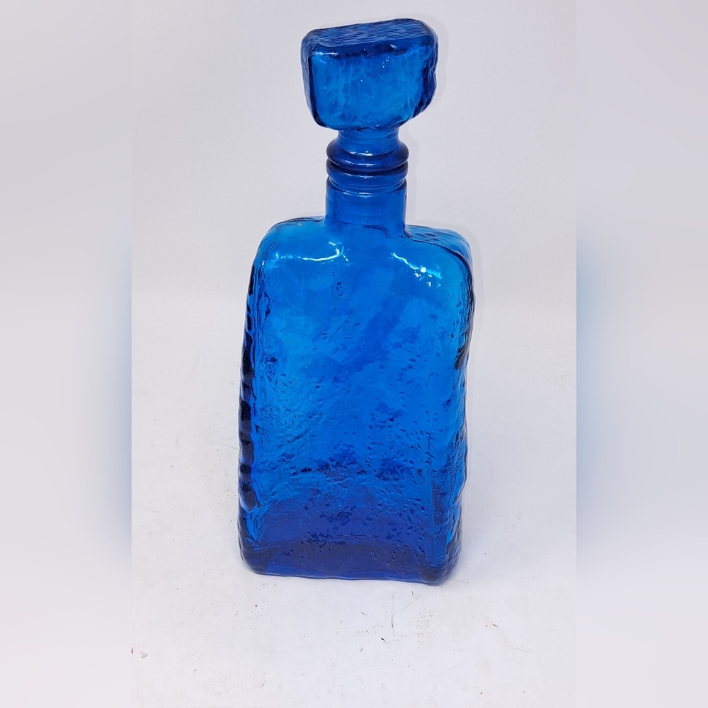 Vintage Empoli Blue Textured Glass Decanter With Stopper